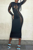 Black Sexy Solid Patchwork O Neck One Step Skirt Dresses