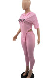 Pink Casual Print Patchwork Asymmetrical Hooded Collar Half Sleeve Two Pieces