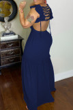 Dark Blue Sexy Solid Bandage Hollowed Out Patchwork Backless Stringy Selvedge V Neck Dresses