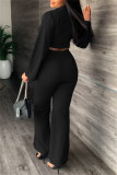 Blue Fashion Casual Solid Patchwork V Neck Long Sleeve Two Pieces