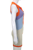 Colour Casual Print Patchwork Buckle Turndown Collar Regular Rompers