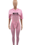 Pink Casual Print Patchwork Asymmetrical Hooded Collar Half Sleeve Two Pieces