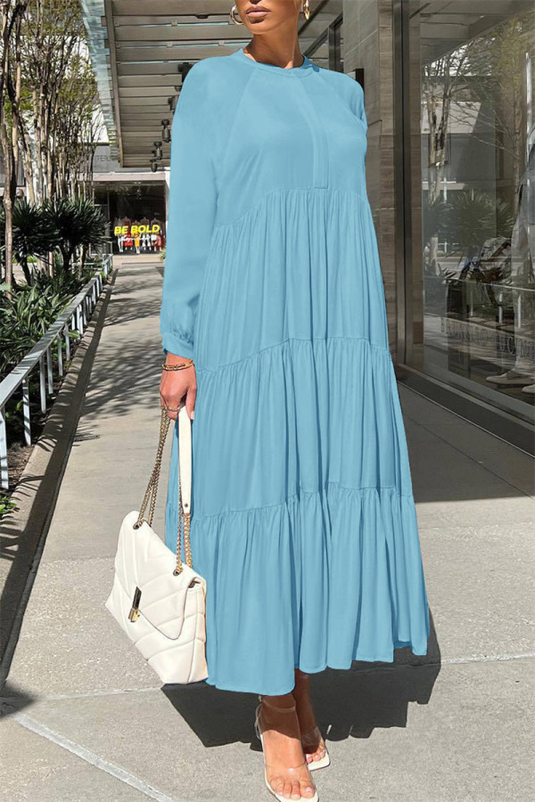 Sky Blue Fashion Casual Solid Patchwork O Neck Long Sleeve Dresses