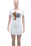 Powder White Casual Print Patchwork O Neck T-shirt Dress Dresses
