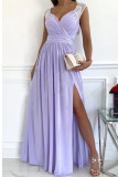 Red Casual Solid Patchwork Slit V Neck Dresses