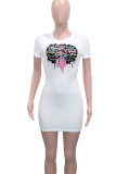 Powder White Casual Print Patchwork O Neck T-shirt Dress Dresses