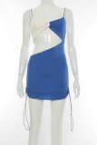 Blue Sexy Color Block Hollowed Out Spaghetti Strap Pencil Skirt Dresses