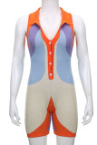 Colour Casual Print Patchwork Buckle Turndown Collar Regular Rompers