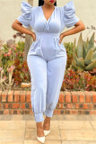 Light Blue Fashion Casual Solid Patchwork V Neck Regular Jumpsuits