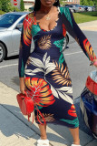 Multicolor Fashion Casual Print Patchwork U Neck Long Sleeve Dresses