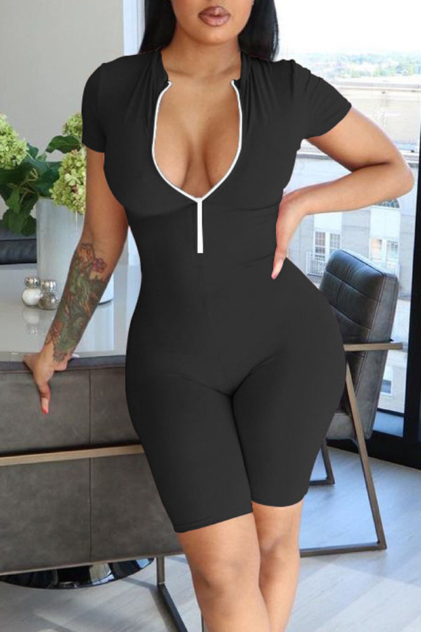 Black Casual Solid Patchwork Zipper Collar Skinny Rompers