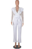 White Sexy Solid Lace Bandage Patchwork Flounce V Neck Straight Jumpsuits