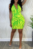 Green Sexy Print Patchwork Turndown Collar Pencil Skirt Dresses