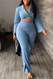 Blue Fashion Casual Solid Patchwork V Neck Long Sleeve Two Pieces