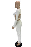 White Casual Solid Bandage Patchwork Backless Long Sleeve Two Pieces