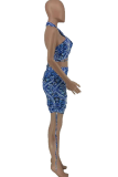 Blue Sexy Print Patchwork Halter Sleeveless Two Pieces