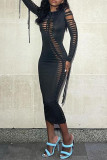 Black Sexy Solid Patchwork O Neck One Step Skirt Dresses