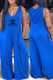 Blue Fashion Casual Letter Print Patchwork V Neck Jumpsuits