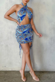 Blue Sexy Print Patchwork Halter Sleeveless Two Pieces