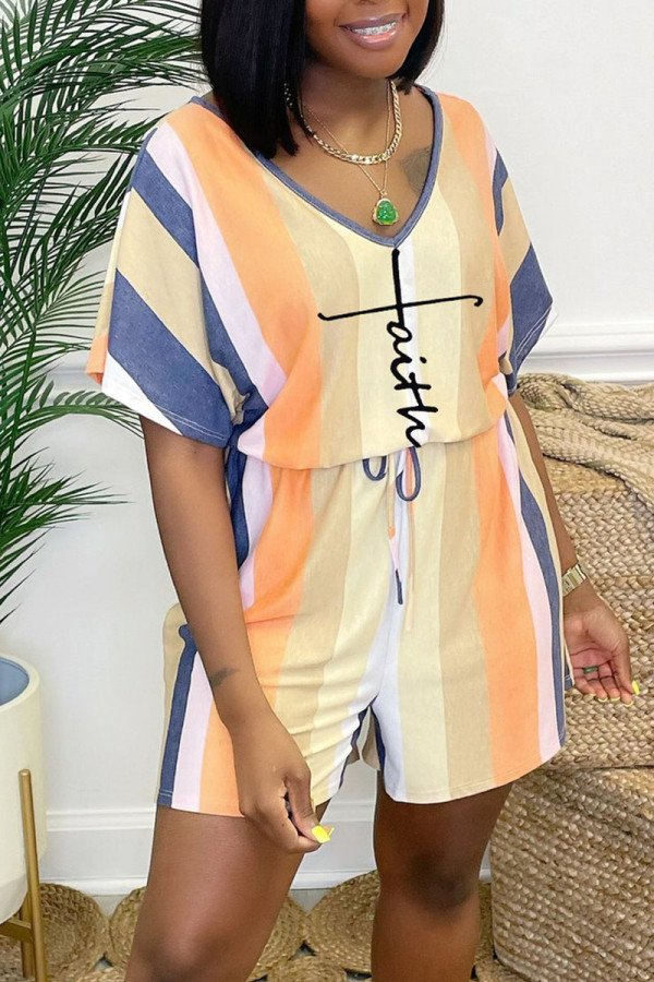 Orange Blue Casual Print Patchwork V Neck Straight Rompers