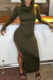 Army Green Fashion Casual Solid Patchwork Slit Hooded Collar Long Sleeve Dresses