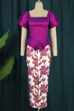 Purple Elegant Print Patchwork Flounce Asymmetrical Square Collar Short Sleeve Two Pieces