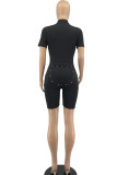 Pink Casual Solid Patchwork Zipper Collar Skinny Rompers