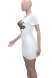 Powder White Casual Print Patchwork O Neck T-shirt Dress Dresses