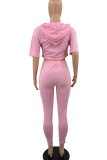 Pink Casual Print Patchwork Asymmetrical Hooded Collar Half Sleeve Two Pieces