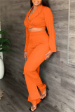 Blue Fashion Casual Solid Patchwork V Neck Long Sleeve Two Pieces