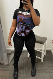 Black Fashion Casual Print Patchwork O Neck Short Sleeve Two Pieces