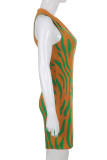 Green Sexy Print Patchwork Turndown Collar Pencil Skirt Dresses