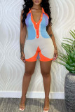 Colour Casual Print Patchwork Buckle Turndown Collar Regular Rompers