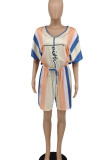 Pink Green Casual Print Patchwork V Neck Straight Rompers