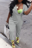 Grey Casual Solid Patchwork Asymmetrical V Neck Loose Jumpsuits