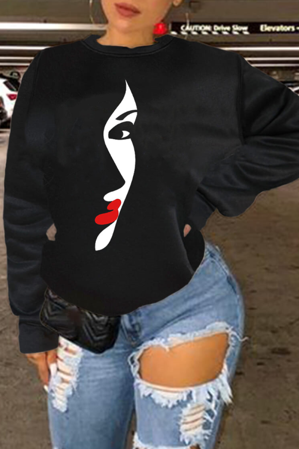 Black Fashion Street Print Patchwork O Neck Tops