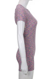 Pink Purple Sexy Print Patchwork Backless Oblique Collar Regular Rompers