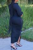 Army Green Fashion Casual Solid Patchwork Slit Hooded Collar Long Sleeve Dresses