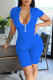 Blue Casual Solid Patchwork Zipper Collar Skinny Rompers