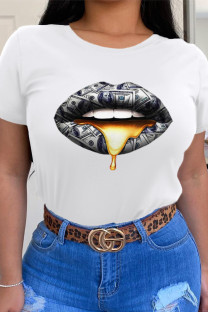 White Casual Street Lips Printed Patchwork O Neck T-Shirts