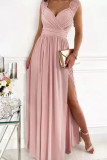 Red Casual Solid Patchwork Slit V Neck Dresses