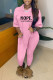 Pink Casual Print Patchwork Asymmetrical Hooded Collar Half Sleeve Two Pieces