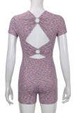 Pink Purple Sexy Print Patchwork Backless Oblique Collar Regular Rompers