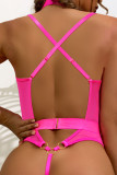 Fluorescent Pink Sexy Solid Patchwork Lingerie