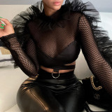 Black Fashion Sexy Solid Patchwork See-through Half A Turtleneck Tops