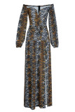 Tiger Pattern Fashion Sexy Print Slit Off the Shoulder Long Sleeve Dresses