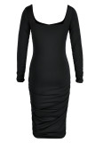 Black Fashion Sexy Solid Fold Square Collar Long Sleeve Dresses