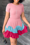 Pink Fashion Casual Print Patchwork O Neck Short Sleeve Dress