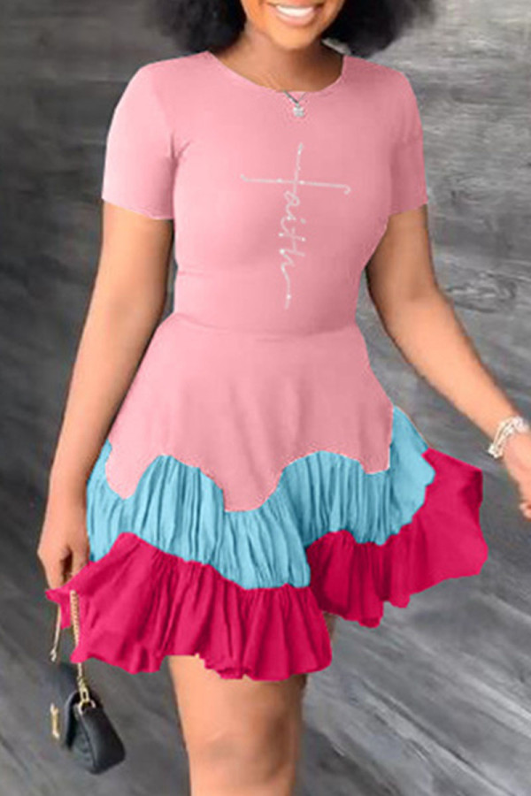 Pink Fashion Casual Print Patchwork O Neck Short Sleeve Dress