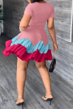 Pink Fashion Casual Print Patchwork O Neck Short Sleeve Dress